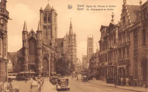 A903 Belgien Gand Gent Nikolaus Kirche und Beffroi Autos Geschäfte Postkarte