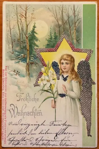 L191 Weihnachtsgrüße 1901 Engel Litho Glitzer Postkarte