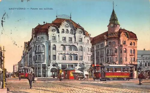 L510 Rumänien Nagyvarad Oradea Black Eagle Hotel Straßenbahnen Vintage Postkarte