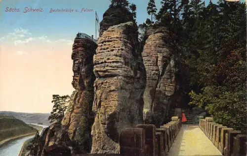 Deutschland Saechs Schweiz Basteibrücke Felsen Vintage Postkarte