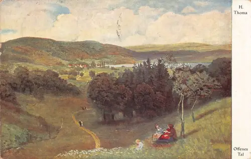 A091 Gemälde 1930 Landschaft Tal Offenes Tal signiert H Thoma Postkarte