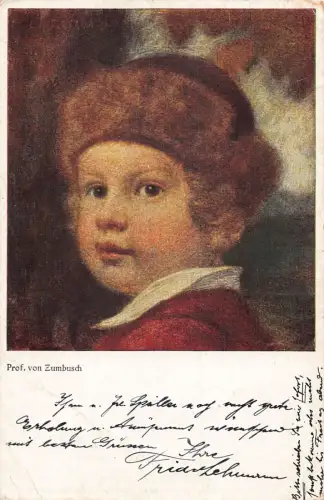 A090 Gemälde Detail 1919 signiert Leo von Zumbusch Kleiner Junge mit Hut Postkarte