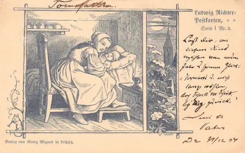 A091 Künstlerkarte 1904 Mutter erzählt Baby im Bett Geschichten Mondschein Postkarte