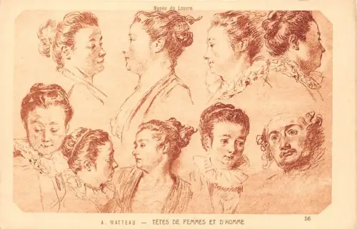 A091 Louvre Museum Künstlerkarte A Watteau Tetes de Femmes D'Homme Skizze Postkarte