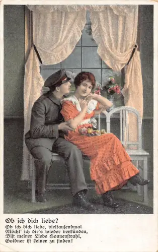 A090 Romantik 1916 Feldpost 1. Weltkrieg Offizier Frau Bank Rosen versuchen zu küssen Postkarte