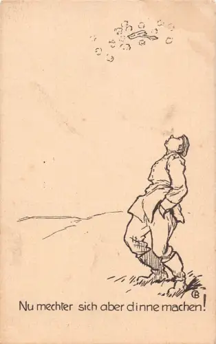 A090 Comic 1917 Künstlerkarte Soldat beobachtet Flugzeug im Feuerfeld Postkarte