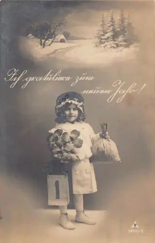 A090 Neujahrsgrüße 1918 Mädchen hält Kleeblätter Geldsack Nr 1 Tasche Postkarte