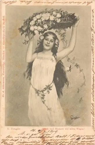 A089 Gruß 1901 Künstlerkarte signiert H Torggler Glück und Blumenmädchen Postkarte