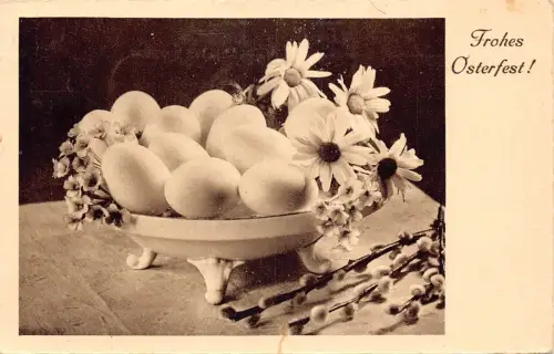 A091 Ostergrüße 1936 Eier und Gänseblümchen Blumen in Schale Knospen Zweig Postkarte