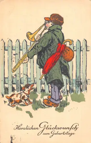 A090 Geburtstagsgrüße 1932 Trompetenspieler am Zaun Hund bellend Postkarte