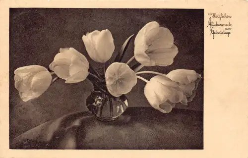 A091 Geburtstagsgrüße 1938 Tulpenstrauß in transparenter Vase Vintage Postkarte