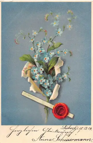 A090 Grüße 1904 Vergissmeinnicht Blumen Papier gerissen Hufeisen Wachspostkarte