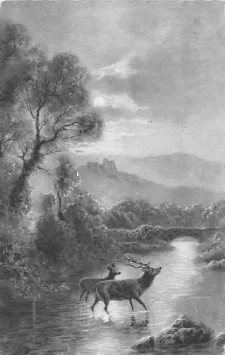 A090 Künstlerkarte 1914 Landschaft Natur Mondschein Rehe im Fluss Vintage Postkarte