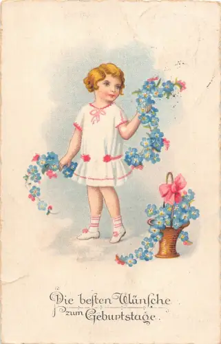 A089 Geburtstagsgrüße 1931 Mädchen hält Vergissmeinnicht Girlandenkorb Postkarte