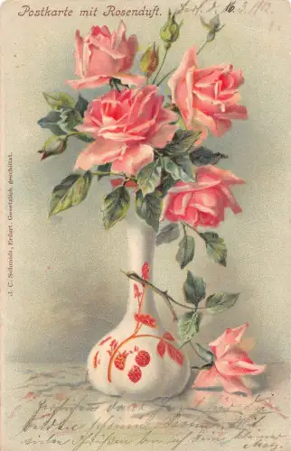 A089 Blumen 1902 Rosenstrauß in Vase Rosenduft Vintage Postkarte