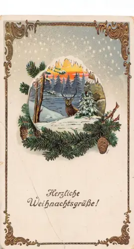A089 Weihnachtsgrüße 1918 Winter Tannenzapfen Zweige Rentier Postkarte