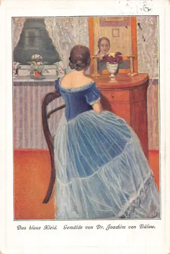 A090 Gemälde 1914 Das blaue Kleid signiert Dr. Joachim von Bülow Spiegel Postkarte