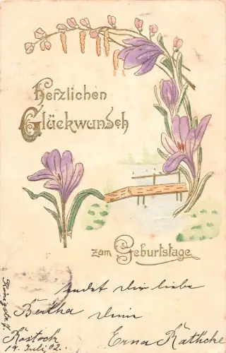 A090 Geburtstagsgrüße 1902 Iris Blumen Brücke handbemalte geprägte Postkarte