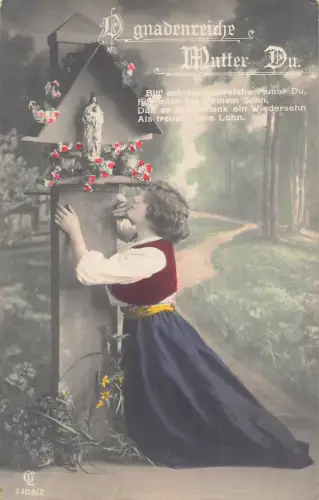 A089 Echt Foto Tochter am Grab ihrer Mutter Maria Statue Blumen Gedicht Postkarte