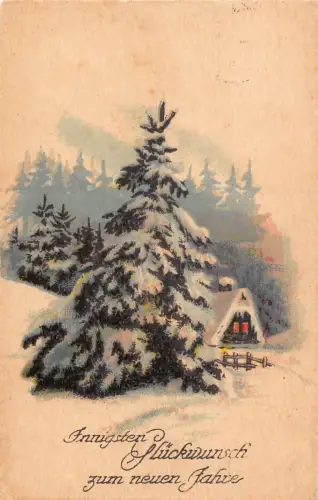 A090 Grüße Neujahr 1930 Winterlandschaft Kiefern Schneehaus Postkarte