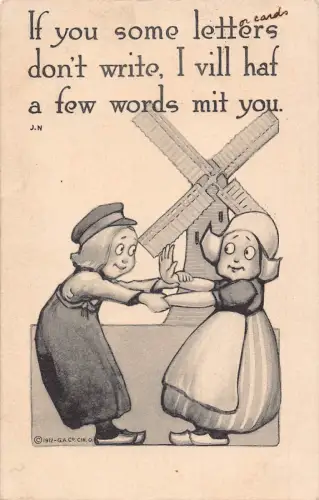 A089 Comic Humor 1914 Holländische Mädchen Windmühle vill haf Wenige Worte mit dir Postkarte