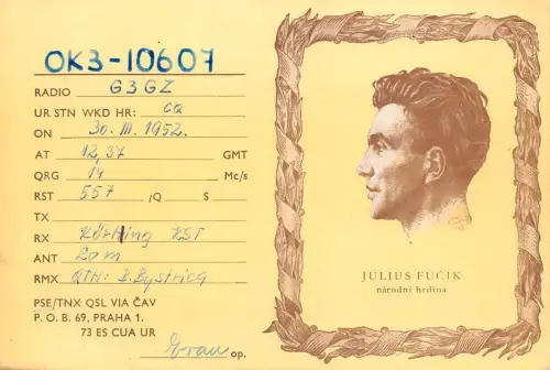 B167 Radio QSL Karte Tschechien Prag Julius Fucik Schriftsteller 1952 Vintage Postkarte