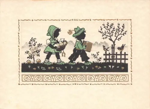 B164 Silhouette Deutsche Kinder Vögel Hufeisen Kleeblatt Garten Postkarte