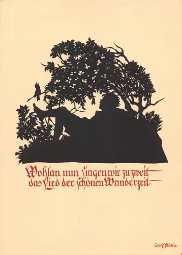 B165 Silhouette Junge ruht unter Baum Vogel Kunst von Georg Plische Postkarte