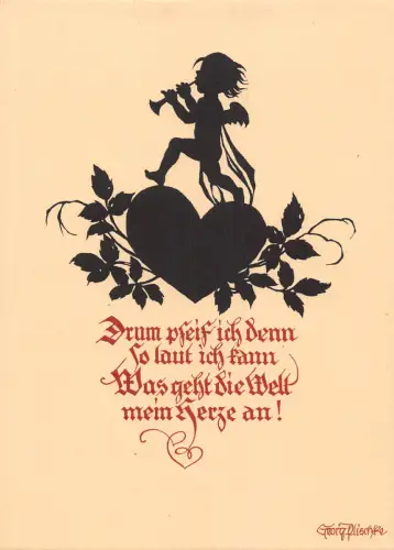 B165 Silhouette Fantasy Romanze Fee spielt Trompete auf Herz Postkarte