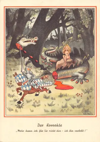 B165 Comic Humor Ritter enthauptet Drache Nymphe Fantasy Postkarte