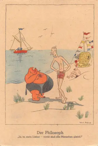 B164 Comic Humor dicker und schlanker Mann am Strand Segelboot Philosoph Postkarte