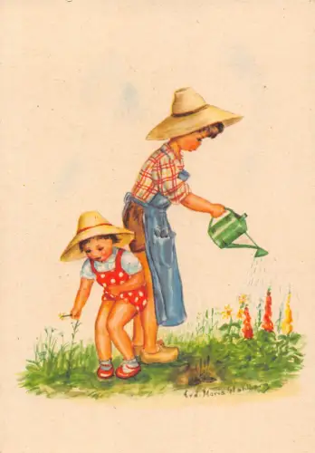B165 Kunst von Eva Maria Stahlberg Kinder Gärtner Blumen Vintage Postkarte
