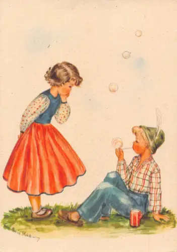 B165 Kunst von Eva Maria Stahlberg Kinder spielen mit Seifenblase Postkarte