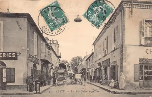 B168 Algerien 1910 Setif Rue Saint Augustin Geschäfte Kutschen Vintage Postkarte