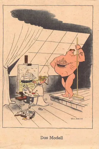 B164 Comic Humor Maler Segelboot Pfeife Rauchen Kehrmaschine Vintage Postkarte