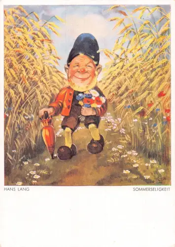 B165 Kunst von Hans Lang Fantasy Zwerg wandelnde Blumen Regenschirm Postkarte