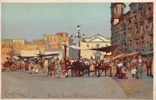 L279 Italien Napoli Gemälde signiert Piazza del Carmine Platz Markt Postkarte