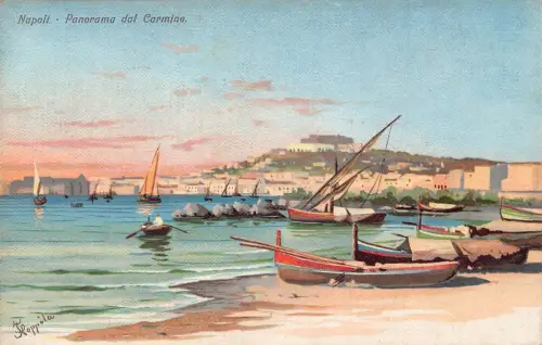 L278 Italien Neapel Gemälde signiert Floppola Ansicht von dal Carmin Boote Postkarte