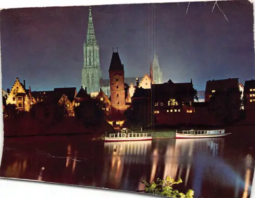 Deutschland 1973 Ulm bei Nacht Flussboote Dom Vintage Postkarte