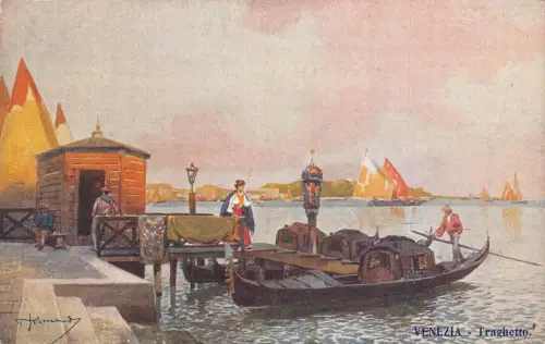 L279 Italien Gemälde signiert Venedig Venezia Traghetto Gondeln Hafen Postkarte