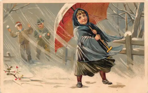 L175 Winter Kinder Regenschirm Litho Vintage Postkarte