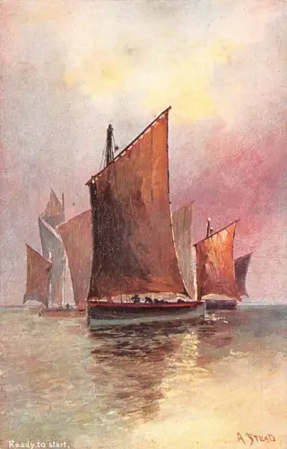 A907 Art Ready to Start Sunset Sea Segelboote Vintage Postkarte
