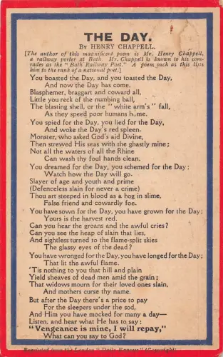 A907 WWI Propaganda Gedicht Der Tag von Henry Chappell 1915 Vintage Postkarte