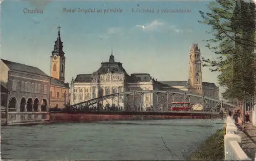 L510 Rumänien Nagyvarad Oradea Brücke Rathaus Straßenbahn 1926 Vintage Postkarte