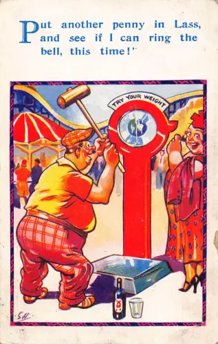 A909 Comic Humor Sehr dickes Paar Versuchen Sie Ihre Gewichtswaage Penny in Lass Postkarte