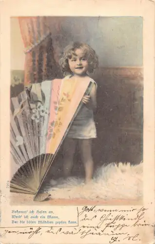 A909 Glück 1899 Mädchen spielt mit Riesen Fan Gedicht Vintage Postkarte