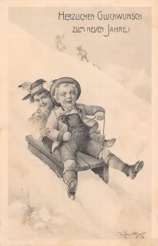 A909 Neujahrsgruß 1906 Kinder in traditionellen Kostümen auf Schlitten Postkarte