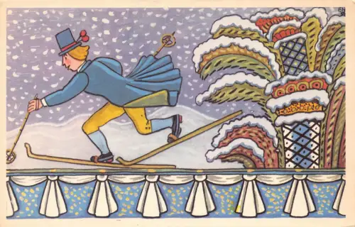 A911 Kunst Mann Skifahren durch Sturm Buntes Haus Weihnachtszeit Vintage Postkarte