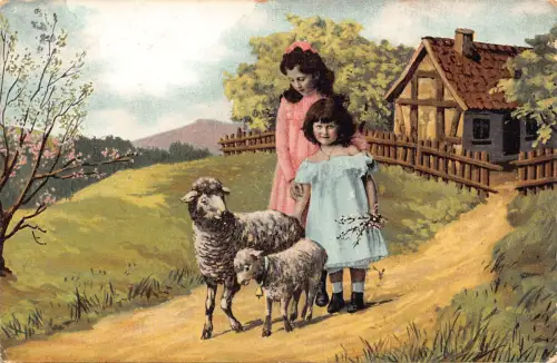 A911 Countryside 1907 Girls Pussy Willow Sheep Cottage Vintage Postkarte