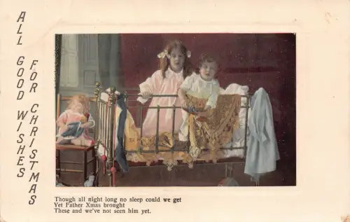 A911 Weihnachtsgrüße 1908 kleine Mädchen in Krippe Puppe Spielzeug Gedicht Postkarte